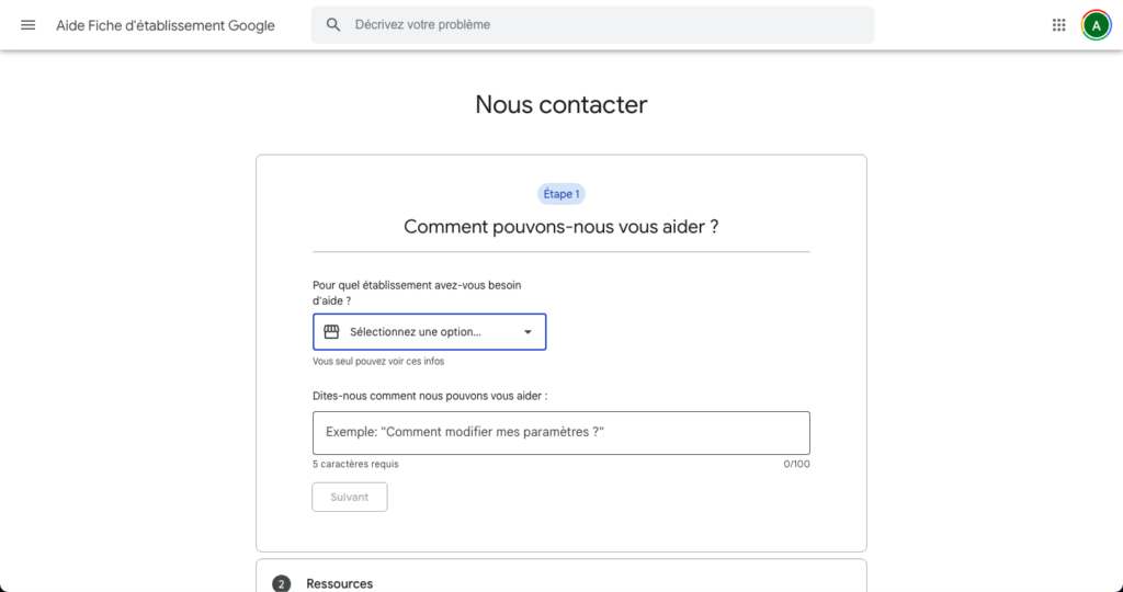 Screenshot de la page formulaire de contact de Google My Business